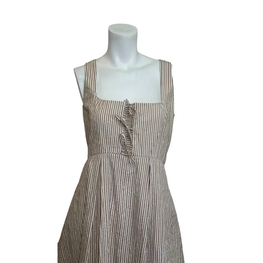 Thierry Colson Winifred Tie Front Midi Dress Cream & Tan Striped Cotton sz M - Picture 4 of 14